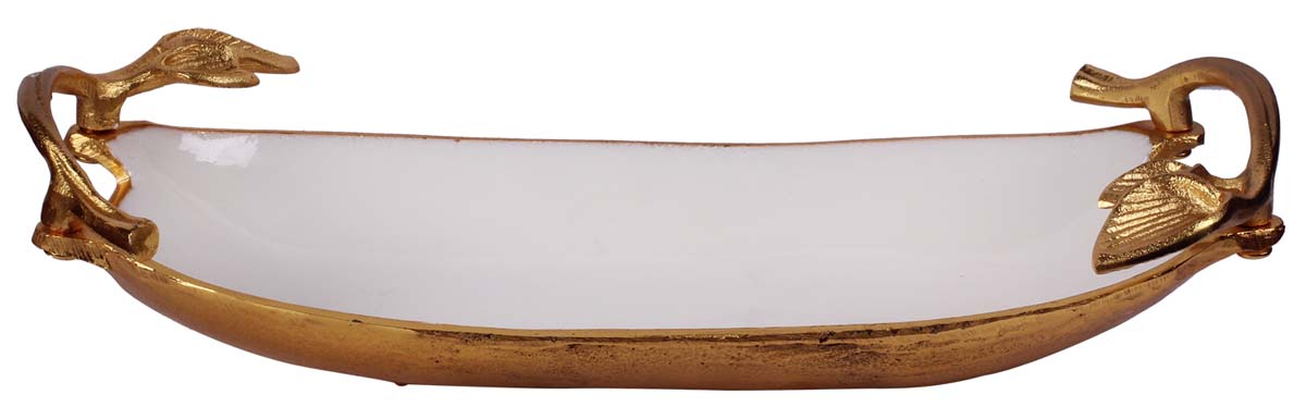 Buy in Bulk Wholesale Decorative Metal Tray 17” Hand-Enamelled with Leaf Handles - White Golden - Modern Home Decor